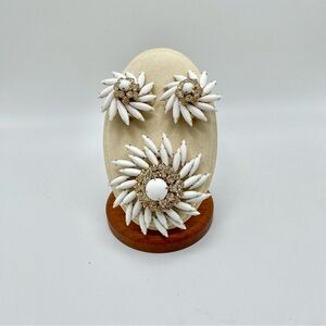 Judy Lee Matching Brooch Earrings Set Vintage White Milk Glass Pinwheel Flower
